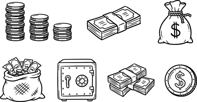 Set of money and finance icons, hand drawn doodle style