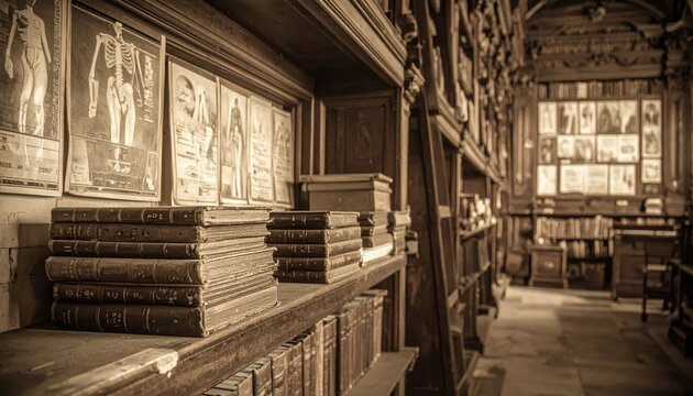 Antique medical books stacked on a dusty wooden shelf, a testament to historical knowledge and study