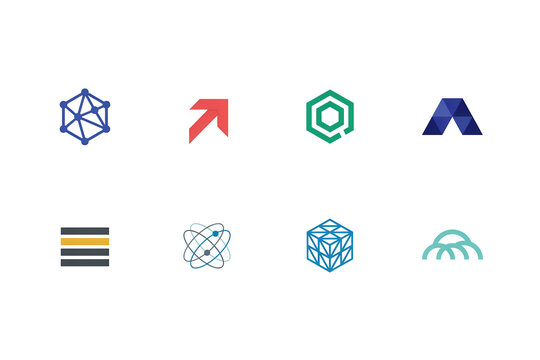 Modern geometric logos collection including abstract hex shapes connect nodes and tech brand identity symbols on white.