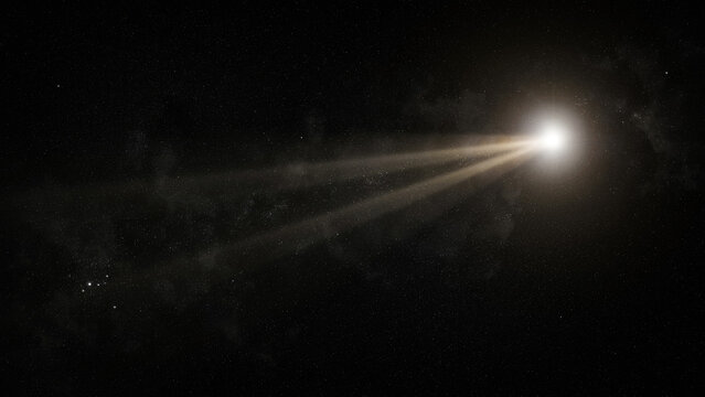Bright light beam, shining rays, dark background, abstract effect