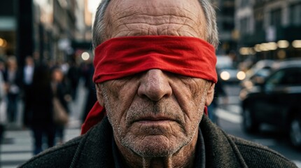 Obraz premium Elderly man blindfolded with red cloth in urban street during daytime with shallow depth of field and bokeh