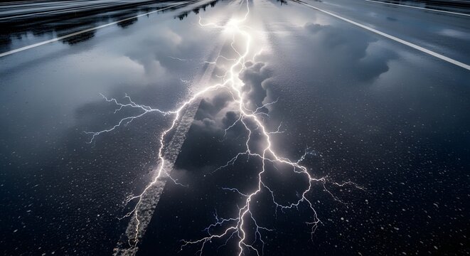 Dramatic lightning strike reflected on wet dark asphalt road during nocturnal storm event