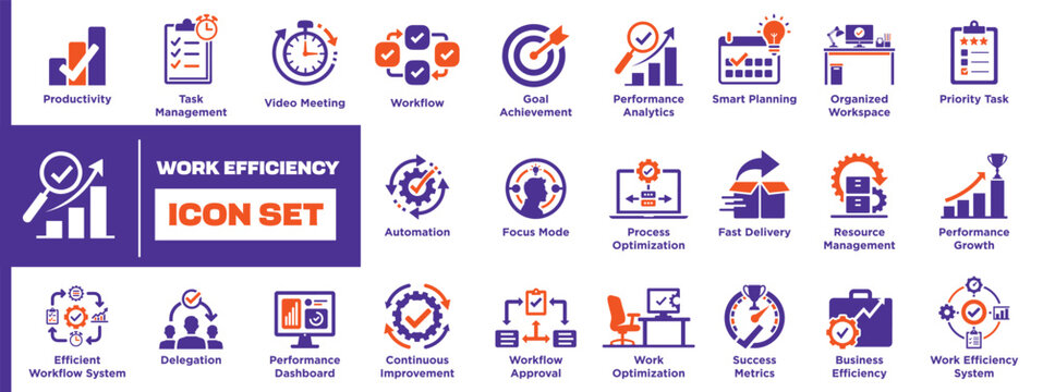 Work Efficiency Productivity Task Management Performance Optimization Pictogram Collection Featuring Modern Business Workflow And Professional Workplace Icons