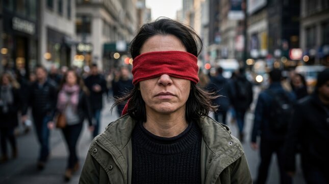 Woman blindfolded walking in crowded city street during daytime symbolizing uncertainty and lack of direction