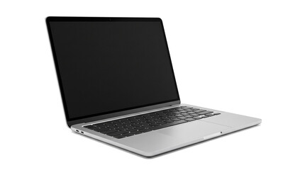 Fototapeta premium Modern silver laptop computer with blank black screen open isolated over white background representing business technology communication computing digital office work device