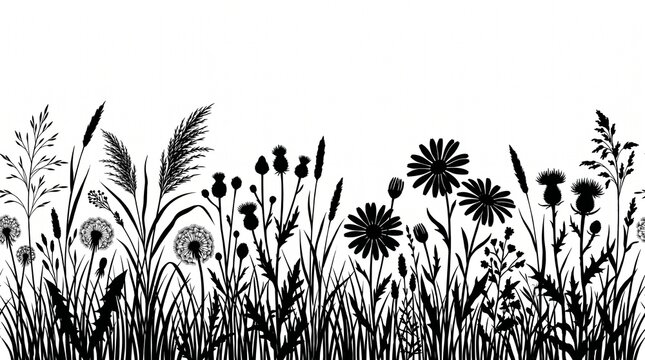 Black wildflower silhouette meadow floral border design