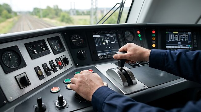 Close-up of a train driver's hands operating the complex controls and levers in a modern locomotive cabin, with the railway tracks visible through the front window