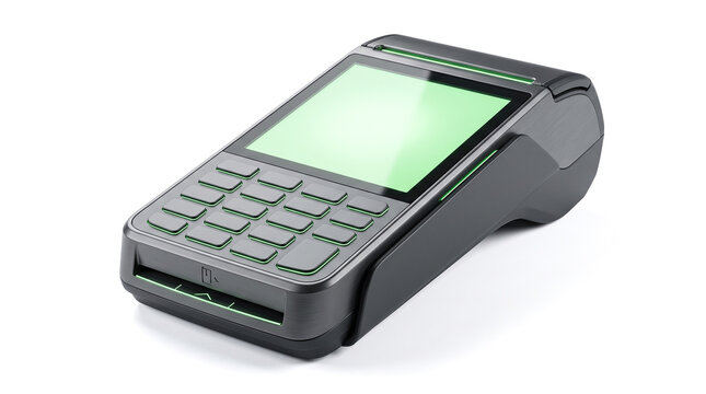 Portable electronic payment terminal POS machine with green screen isolated on white background representing retail finance banking transaction credit card payment technology