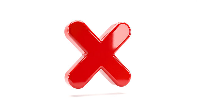 Bright glossy red 3d cross mark incorrect negative sign isolated on white background representing rejection failure no cancel error mistake denied