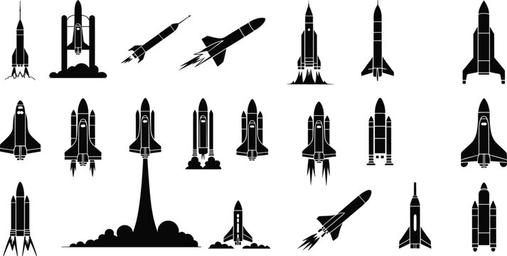 Black rocket and space shuttle silhouette icons in grid layout showcasing diverse aerospace designs and launch configurations