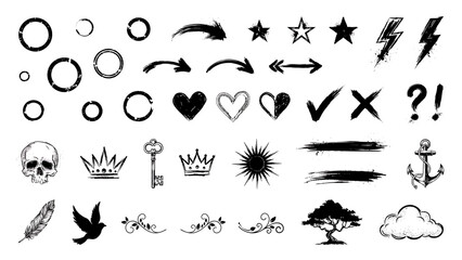 Fototapeta premium Set of various hand drawn vector icons featuring vintage keys crowns skulls birds feathers anchors and abstract ornaments.