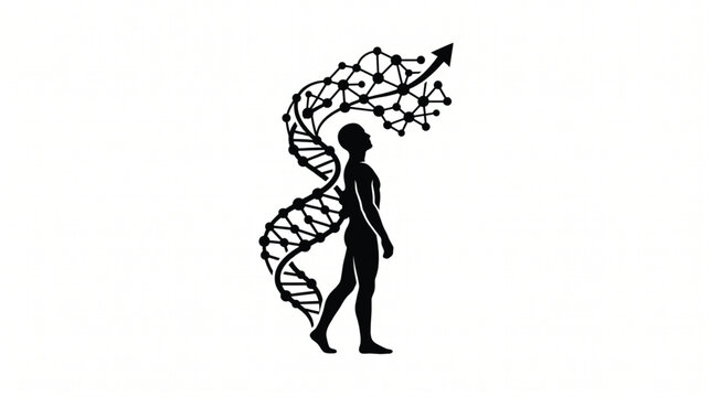Human silhouette connects with a double helix DNA strand and a digital network node structure.