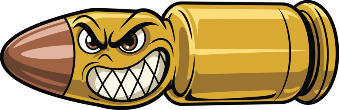 Angry Cartoon Bullet Character with Aggressive Expression &ndash; Stylized Ammunition Vector for Military, Gaming, Mascot, and Action-Themed Creative Projects