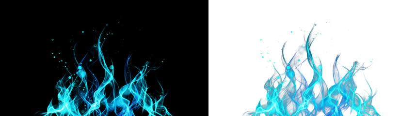 Obraz premium Blue fire flame texture on black background, on png background, with glowing sparks at bottom