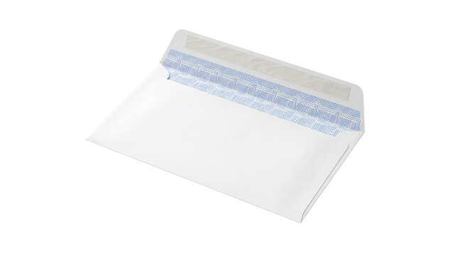 Open blank white paper envelope showing blue security pattern inside representing confidential business correspondence secret letters and secure mail communication