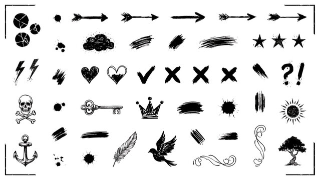 Hand drawn doodle graphic elements set featuring skulls crowns anchors paint brushes crosses and stars on white backdrop.