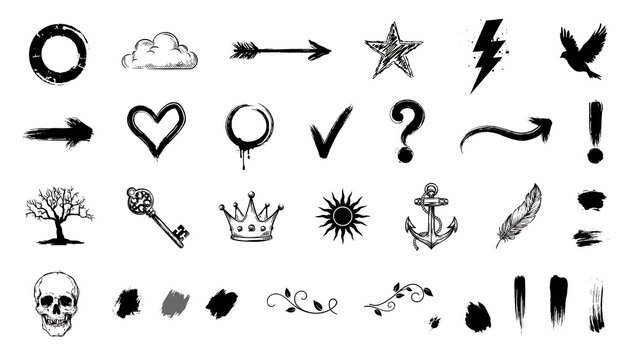 Set of black hand drawn decorative design elements including skull heart star arrow and various vintage symbols on white.
