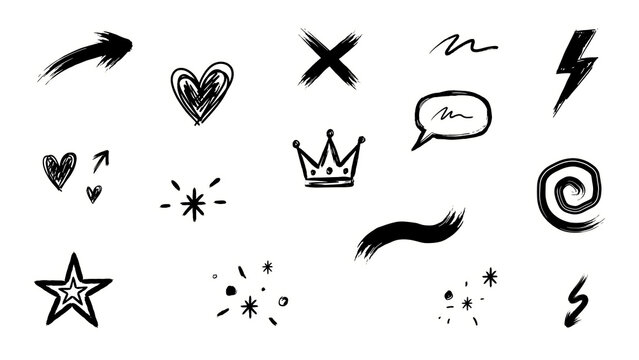 Hand drawn doodle elements collection with heart stars crown arrow and various brush strokes on plain white background.