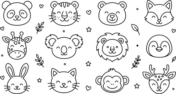 Cute cartoon animal heads avatars faces characters line icons set for kids outline vector