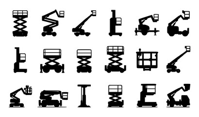 Modern Lift Platform Basket Icons Set with Scissor Lifts and Aerial Work Platforms Vector Collection © prosanjit
