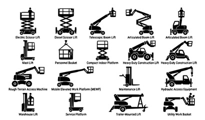 Professional Lift Platform Basket Vector Icons Featuring Scissor Lifts and Elevated Work Equipment © prosanjit