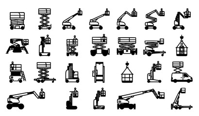 Industrial Aerial Work Platform Icon Set with Scissor Lift and Boom Lift Outline Vectors © prosanjit