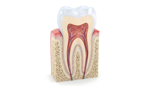 Medical cross section model of a human tooth showing enamel dentin pulp cavity and nerves on white background