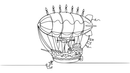 Whimsical Birthday Airship with Cake and Candles, Celebration Zeppelin © Wachidatun