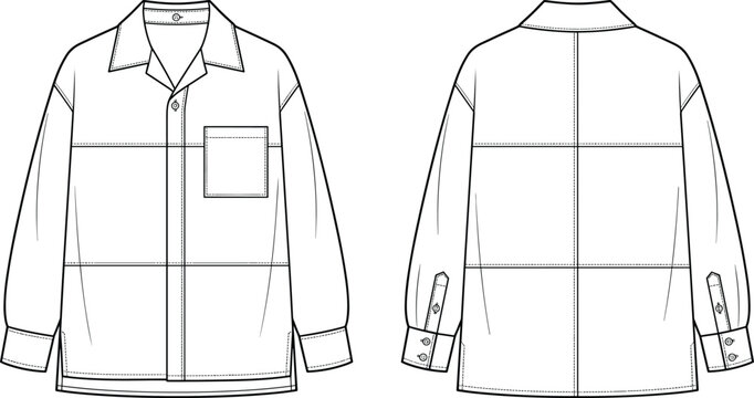 Technical fashion flat sketch of long sleeve button shirt with pointed collar, chest pocket, cuffs, yoke seam, and back detail