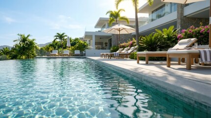 Fototapeta premium Swimming pool by luxury villa with sun lounger and umbrella. Modern tropical resort exterior design. Vacation and travel destination concept at summer holiday for relaxing atmosphere.