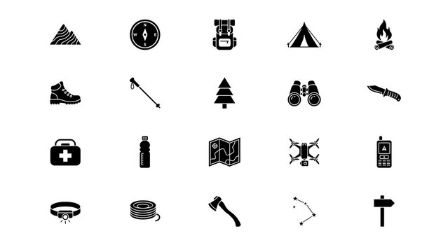 Set of 20 black silhouette icons for hiking, camping, and outdoor activities, with mountains and compass.