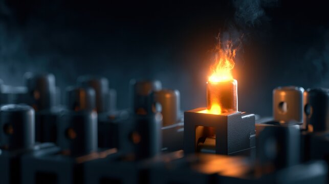 Cinematic 3D Render of an Electrical Fuse Box Showing One Blown Fuse Among Intact Fuses With Dramatic Lighting in a Dark Setting