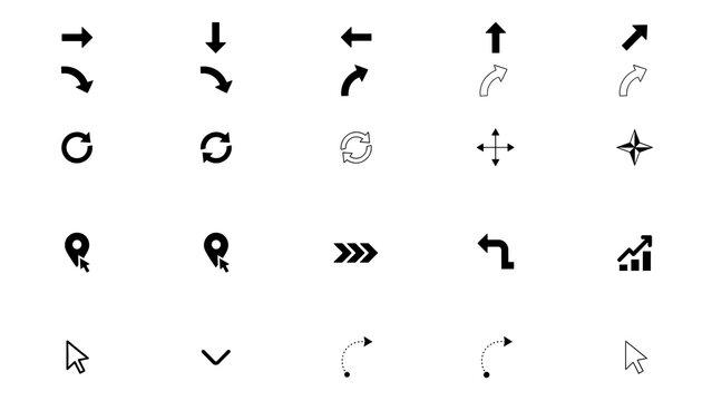 Assorted arrow icons representing direction, movement, and navigation with different curves and styles.