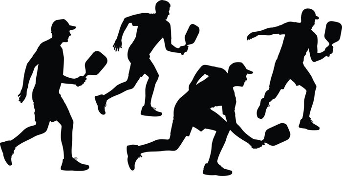Silhouettes of people running in a row, black dynamic poses exercise des