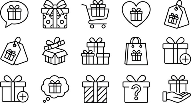 E commerce loyalty reward program bonus gift boxes shopping discount tags outline vector icons set