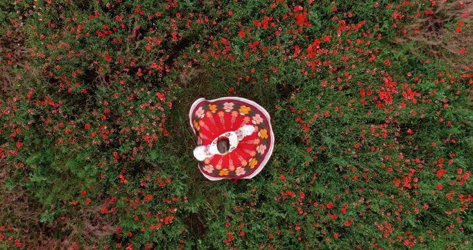 Woman Twirling in Traditional Folk Dress Among Blooming Poppy Field Top Down Aerial View