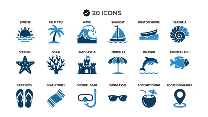 Summer beach vacation and travel themed blue flat design icon collection for web and app user interfaces © MARUF