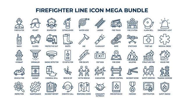 Comprehensive firefighter emergency and rescue services line icon mega bundle vector illustration set