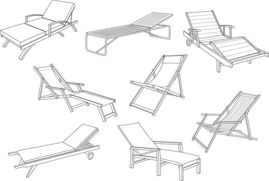Various styles of outdoor lounge chairs and sunbeds for garden patio relaxation and leisure time