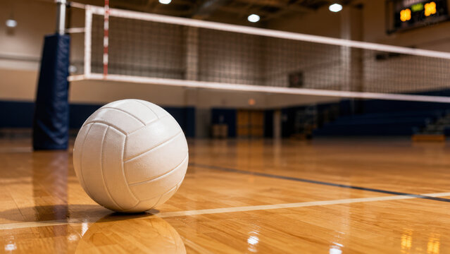 White volleyball ball sitting on a shiny wooden floor in a sports gym