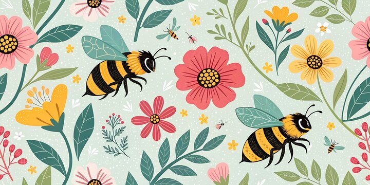 seamless pattern with flowers & bee