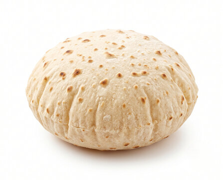 Single perfectly puffed Indian phulka roti isolated on white background for traditional food and bakery product concept