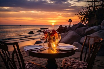 Fototapeta premium Romantic table for dinner next to sea with beautiful sunset. Sea lovers, love concept, romantic dinner.