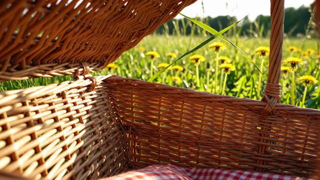Wicker picnic basket open in a sunny meadow with dandelions. Empty woven container sitting in a grassy field during summer. Outdoor leisure and dining concept