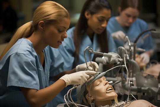 Student dentists practicing on mechanical dummies in laboratory