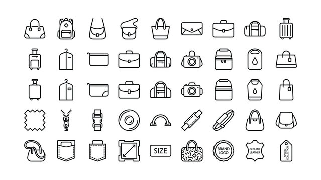 A comprehensive collection of modern outline icons illustrating various bags luggage travel accessories and fashion related items