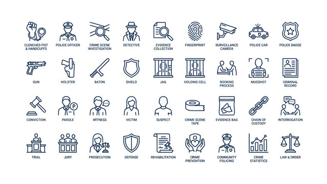 Comprehensive collection of modern line icons depicting various aspects of law enforcement justice and criminal proceedings for user interface designs
