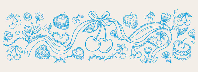 sweet cherry fruit pattern, romantic fruit sketch illustration, cute berry food doodle, whimsical fruity dessert icons, delicious cherry sweet wallpaper, artistic fruit harvest background, creative fr © Geetaroy