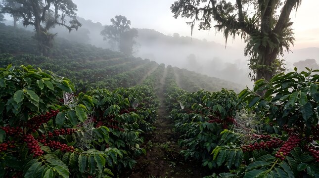morning in the forest Misty Coorg Coffee Plantation Rows of Coffee Plants Morning Fog Karnataka Hills 