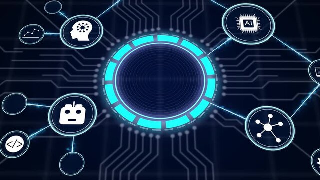 Advanced technology background featuring a blank circular futuristic interface element surrounded by artificial intelligence and digital network icons.